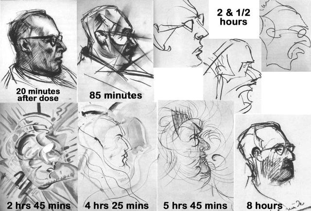 Dans les années 50, un artiste a fait son autoportrait après avoir pris du LSD. Voici les résultats après 20 minutes, 85 minutes, 2h30, 2h45, 4h25, 5h45 et 8h. Comme quoi, ça remue les neurones!
