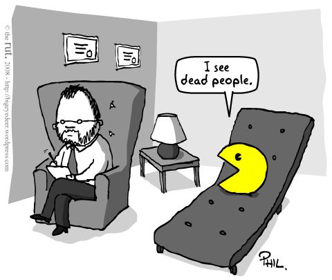 Même PacMan a des troubles psychologiques... Et oui, il voit des morts ! height=