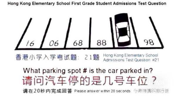 Sur quel numéro de place de parking est garé la voiture. Question posée en fin d'école primaire à Hong Kong. Vous avez 20 secondes...