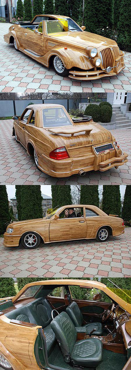 Voici une voiture doublement étonnante : elle est en bois et c'est une voiture double face ! height=